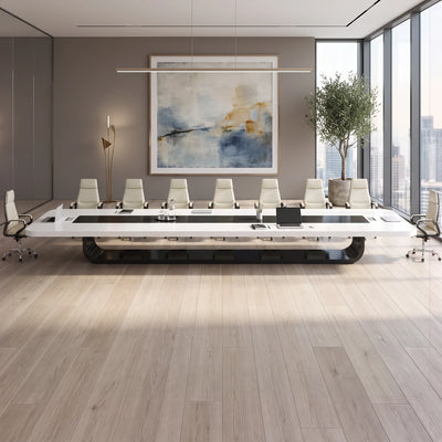 Paxum white conference table seating 12 in white chairs, viewed from the head with a round city window