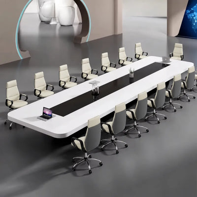 Paxum large white high-gloss conference table with white chairs and laptop, angled view