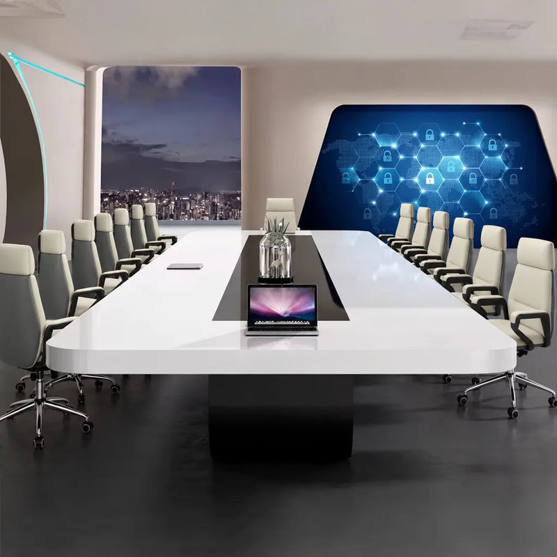Paxum white executive conference table with white chairs, viewed straight on in a tech-style room