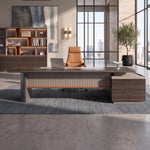 Pendrith desk, left return, in a rotunda office with skyline view