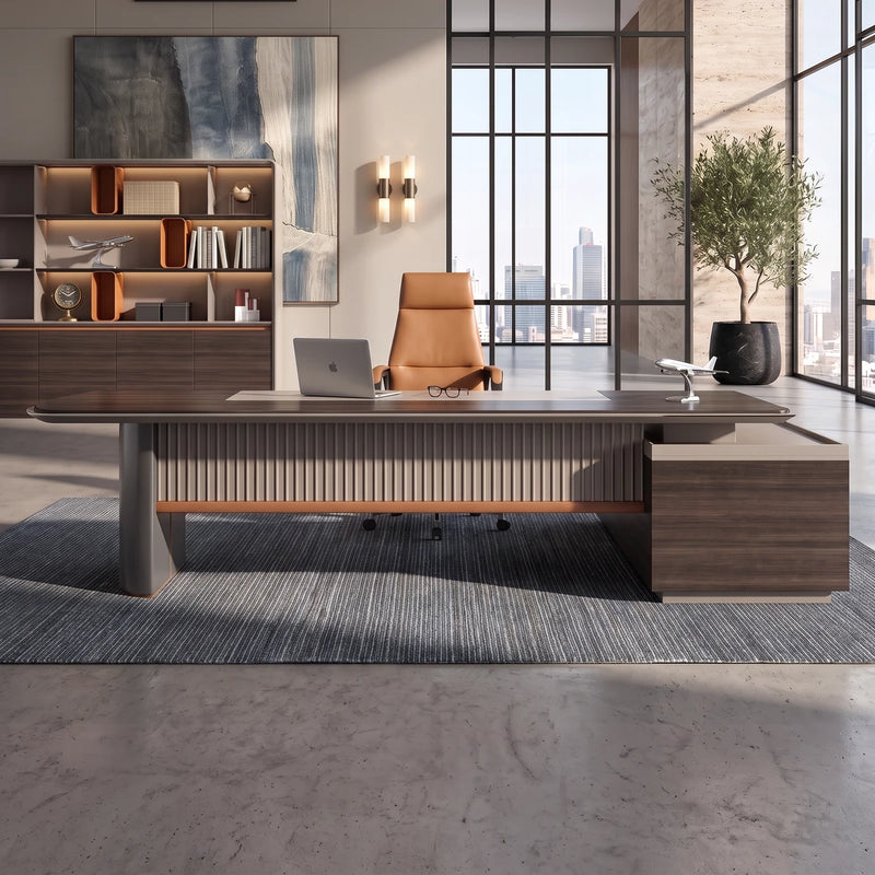 Pendrith desk, left return, in a rotunda office with skyline view