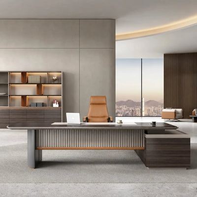 Pendrith desk, left return, in a rotunda office with skyline view