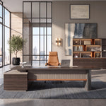 Pendrith desk, right return, curved cream wall behind