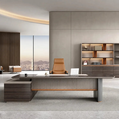 Pendrith desk, right return, curved cream wall behind