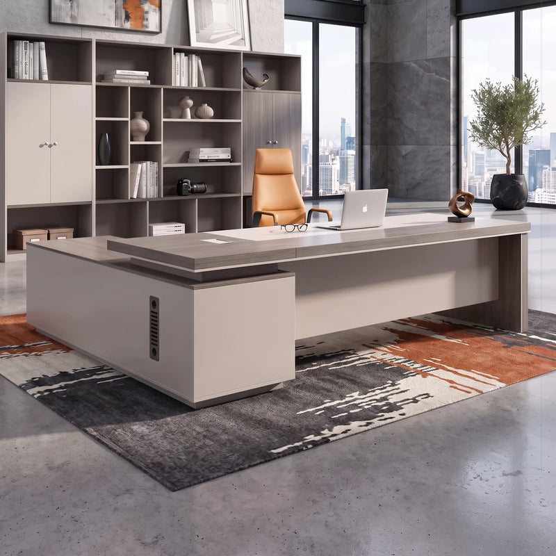 Purdue L-desk in a dark-stone tower office with a city view
