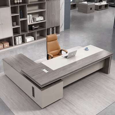Purdue desk from above, right return, tan chair