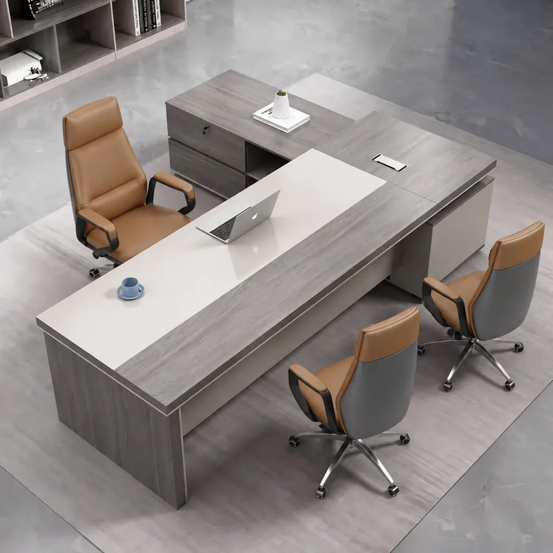 Purdue desk with two guest chairs, overhead view