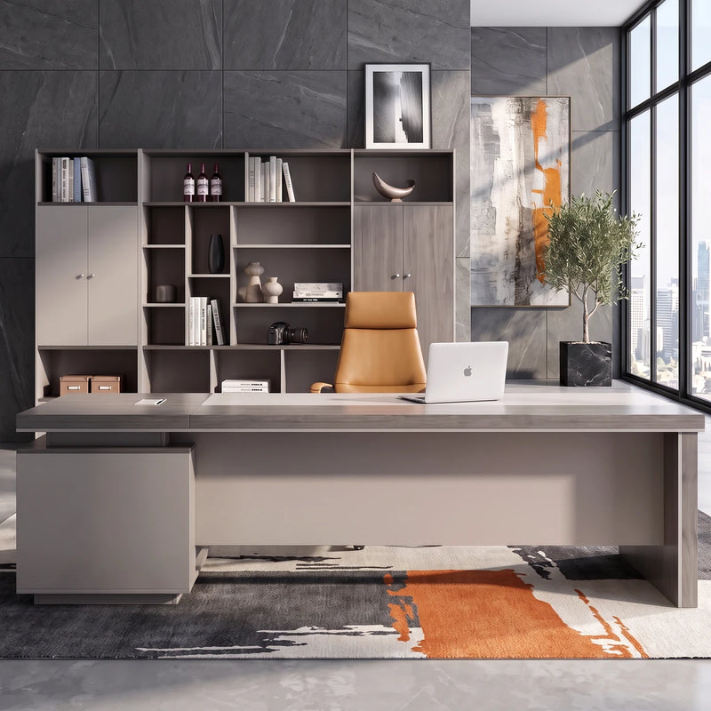 Purdue desk straight on with its bookcase wall in a tower office