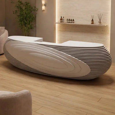 Avéra spa reception desk, right configuration, on warm wood flooring