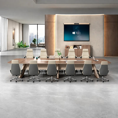 Rally boardroom table, 12′ or a grand 16′5″ (144 or 197 inches), with cream chairs facing a wall-mounted screen