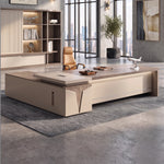 Reytan desk, right return, in a lakeside office with white bloom pendant