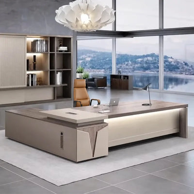 Reytan desk, right return, in a lakeside office with white bloom pendant