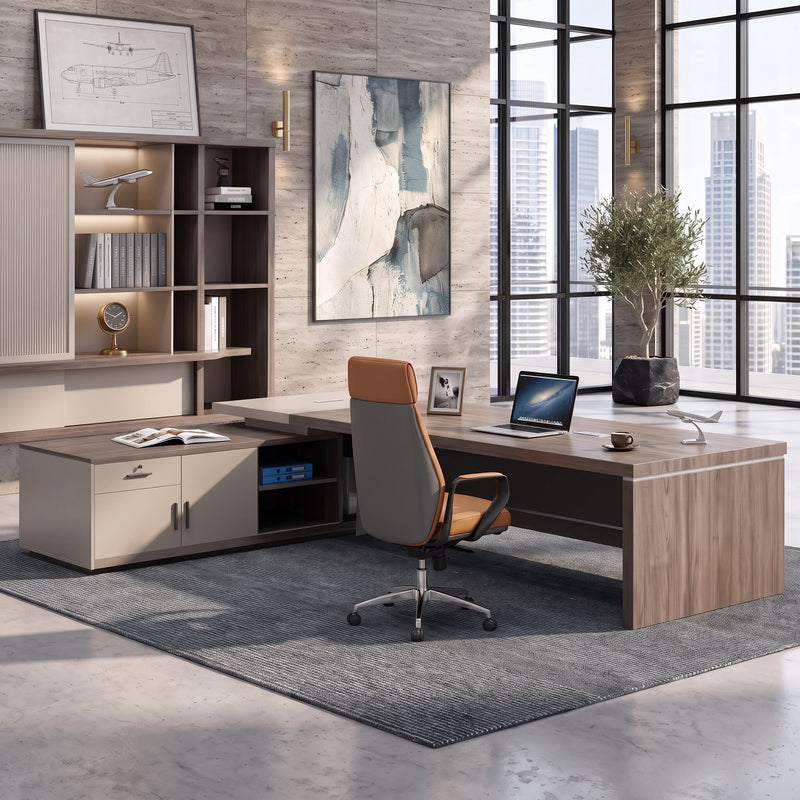 Reytan CEO desk with side cabinet in a bright bay-view office