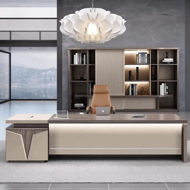 Reytan desk with lit base band before a dark shelf wall