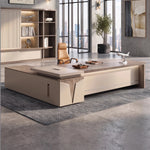Reytan desk, right return, in a lakeside office with white bloom pendant