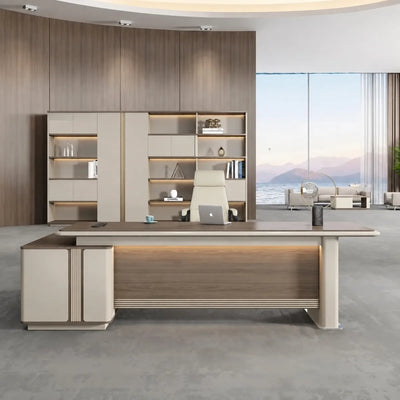 Rigby desk, right return, in a bay-window office with lit base