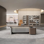 Sayers desk with tan chair under an oval cove light
