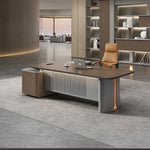 Sayers desk with orange trim strip on the gray pedestal