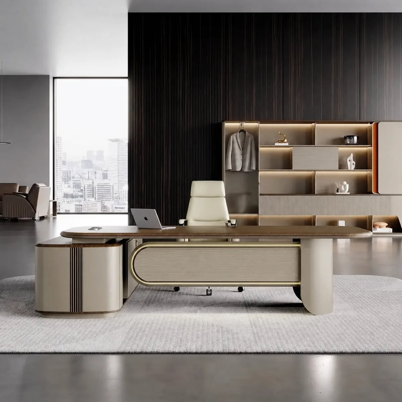 Secord CEO desk in a black-paneled office with shelf wall