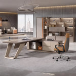 Seguin manager desk with cognac chair and shelf wall