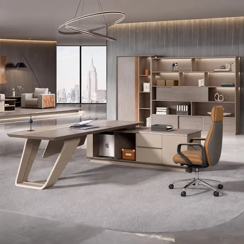 Seguin manager desk with cognac chair and shelf wall