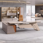 Seguin desk, gray oak top with woven side inserts, overhead