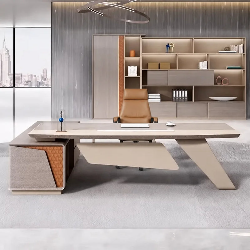 Seguin desk with blade leg centered in a city office