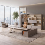 Seguin executive desk in a glass-walled tower office with city views beside its matching shelving