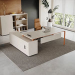 Selby manager desk, right return, wood-slat wall behind