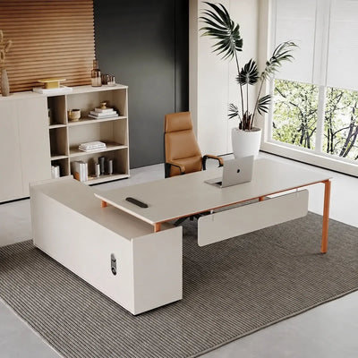 Selby manager desk, right return, wood-slat wall behind