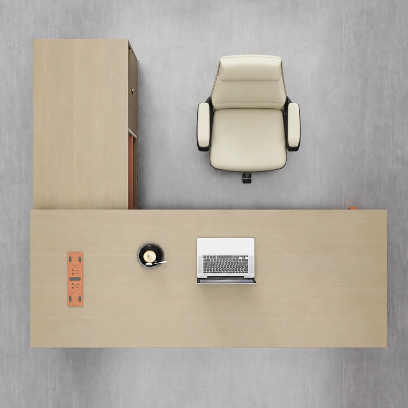 Shaw desk from above with laptop and orange desk pod