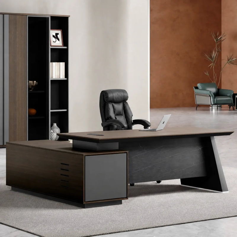 Slater desk, right return, in a terracotta office with green sofa