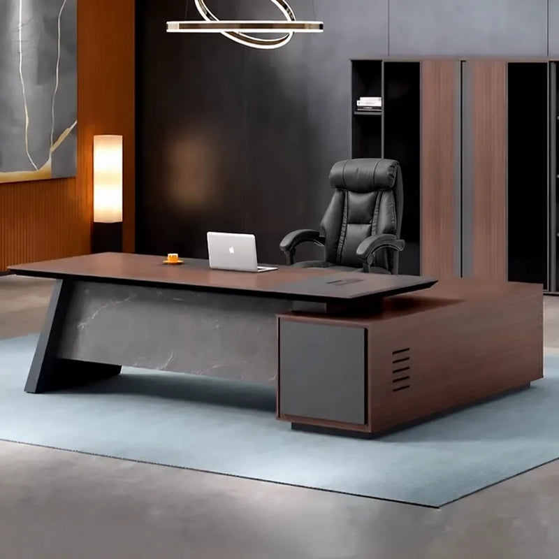 Slater desk in a charcoal office with amber chair and floor lamp
