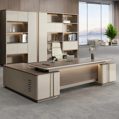 Stanford desk, right return, in a seaside office with shelf wall