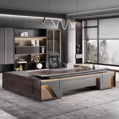 Stellan desk, right return, under a wave pendant in a charcoal office