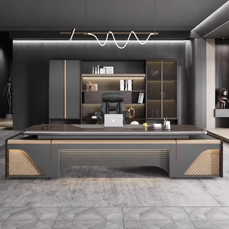 Stellan desk centered in a dark suite with lit shelving
