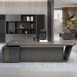 Sterling desk in black in a skyline office with storage wall