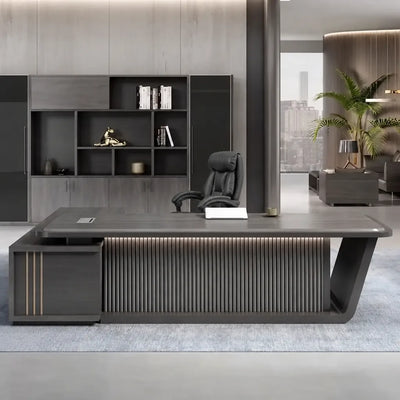 Sterling desk in black in a skyline office with storage wall