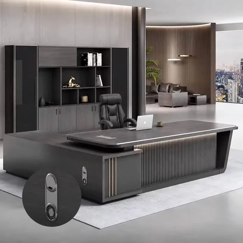 Sterling desk with cabinet lock inset detail, office scene