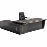 Sterling desk in black, rear iso view with fluted return