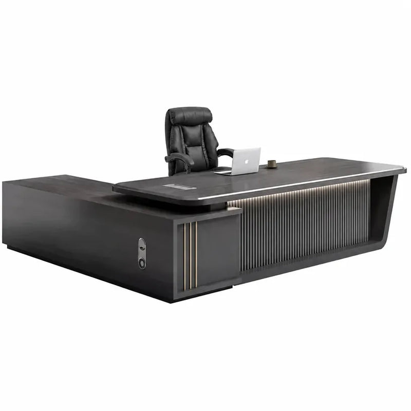 Sterling desk in black, rear iso view with fluted return