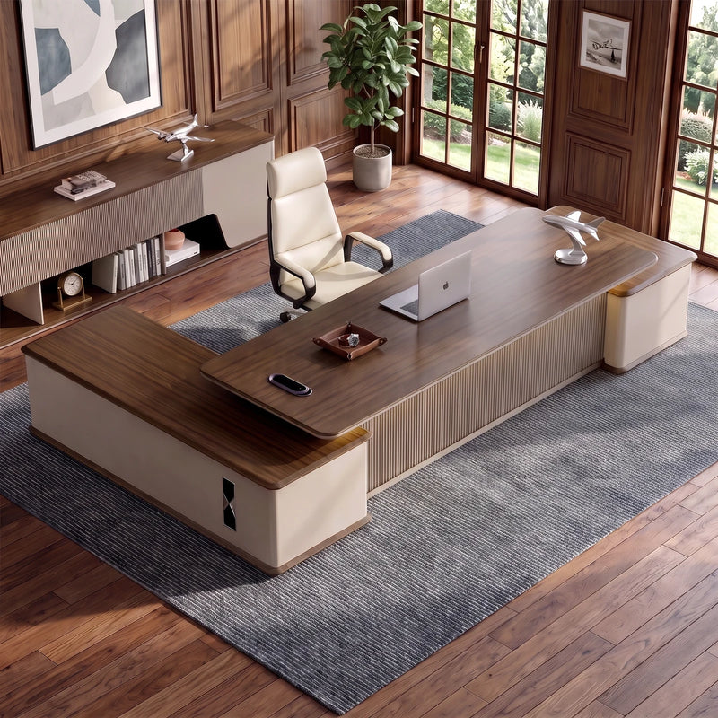 Sussex desk from above in a walnut-paneled partner's office