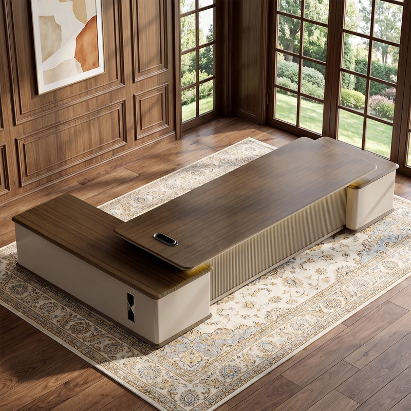 Sussex desk in a wood-panelled office with garden windows