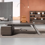 Tanzer desk, right return, curved screen wall behind