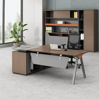 Tasker manager desk, right return, with storage hutch wall