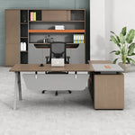 Tasker desk, left return, in a sage-paneled home office