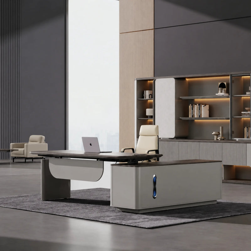 Tavren desk, left return, at sitting height by lit shelving