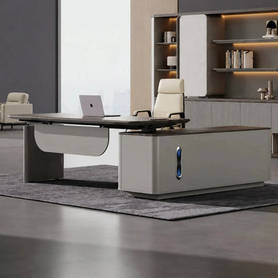 Tavren desk, left return, at sitting height by lit shelving