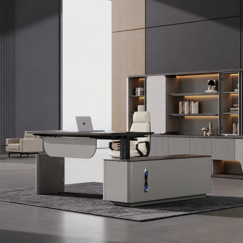 Tavren height adjustable desk lifted in a tan-panel office