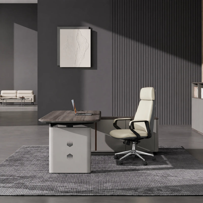 Tavren desk with hex-vent pedestal and cream chair
